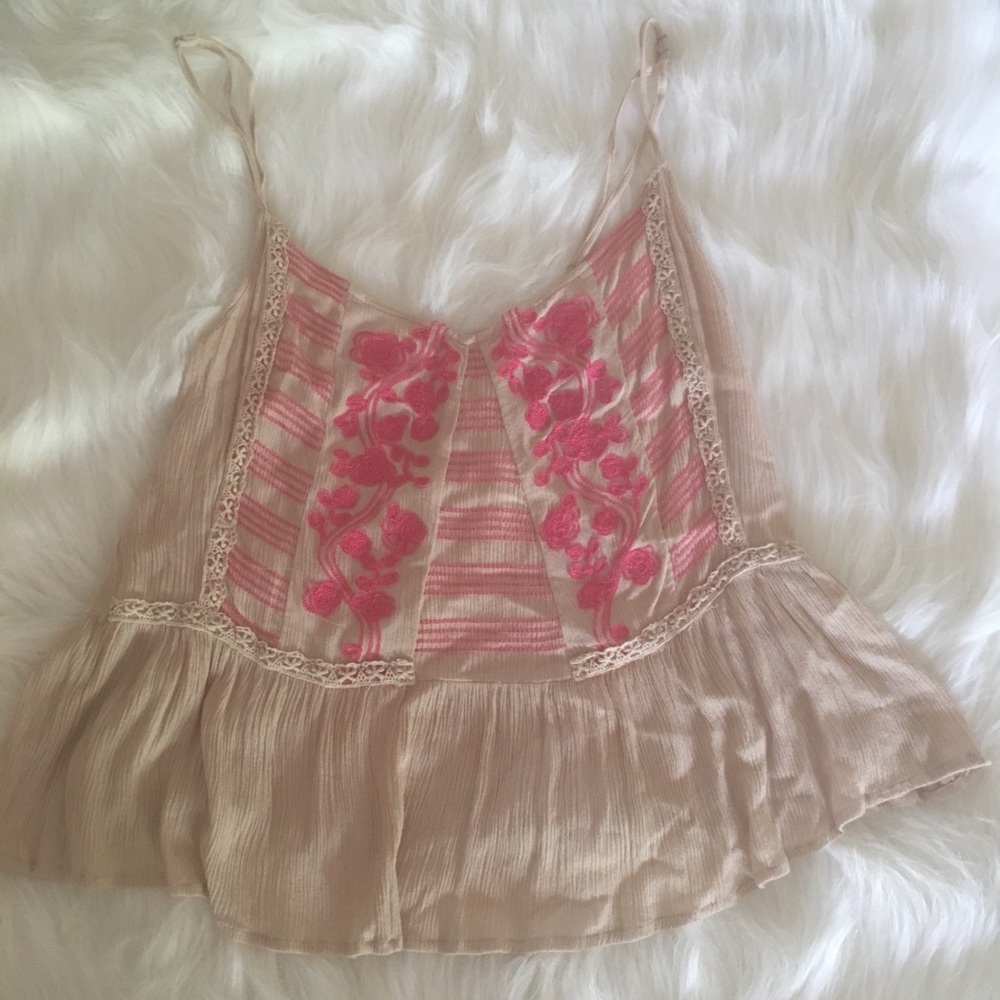Flowy, Tan Spaghetti Strap Top With Hot Pink Lace